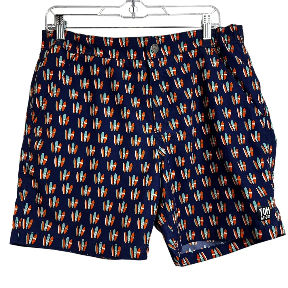 Tom and Teddy Men's Swim Trunks Shorts Surfboard Print‎ Navy Blue Size M
